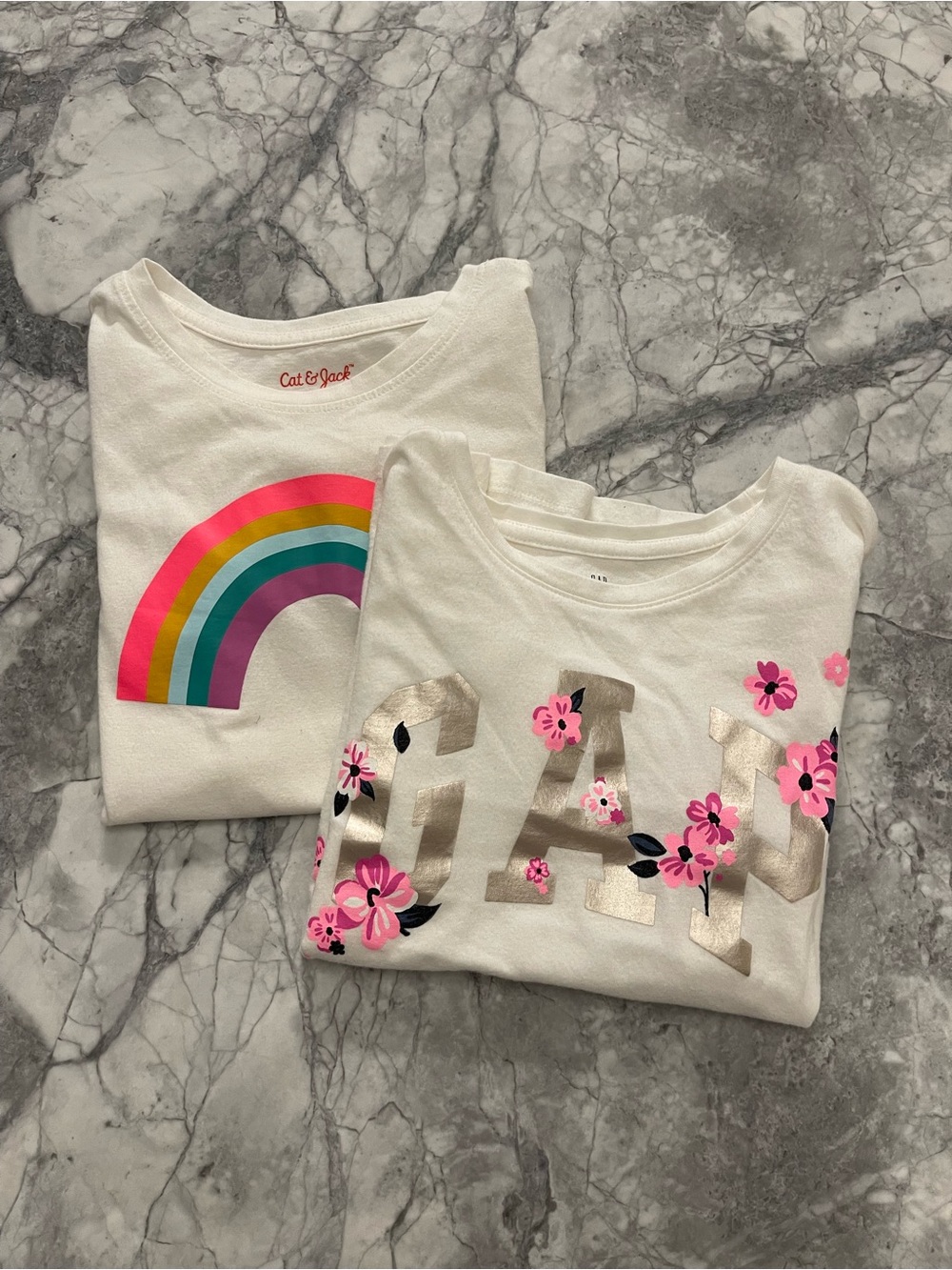 Cat & Jack Girls' White Graphic Tee with Rainbow & Floral Gold Print